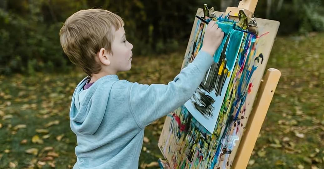 Child painting by a lake